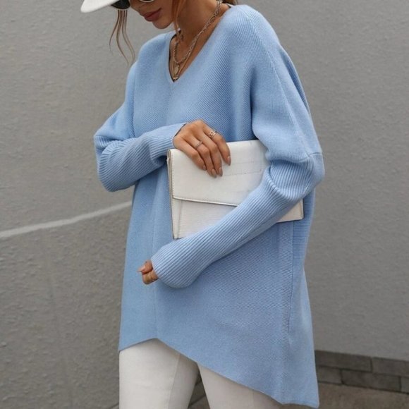 Batwing long Sleeved Keyhole Back detail knit Sweater top Blue - Picture 4 of 6